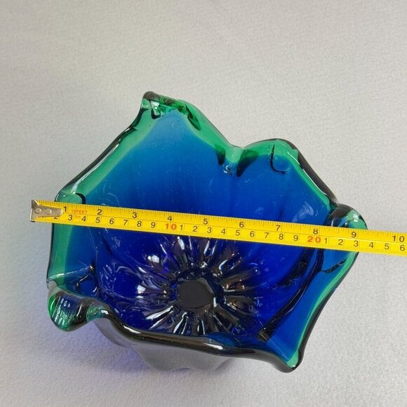 Vintage Italian Murano Style Art Glass Bowl, Cobalt Blue, Green Crest Edge 8" - Picture 13 of 15